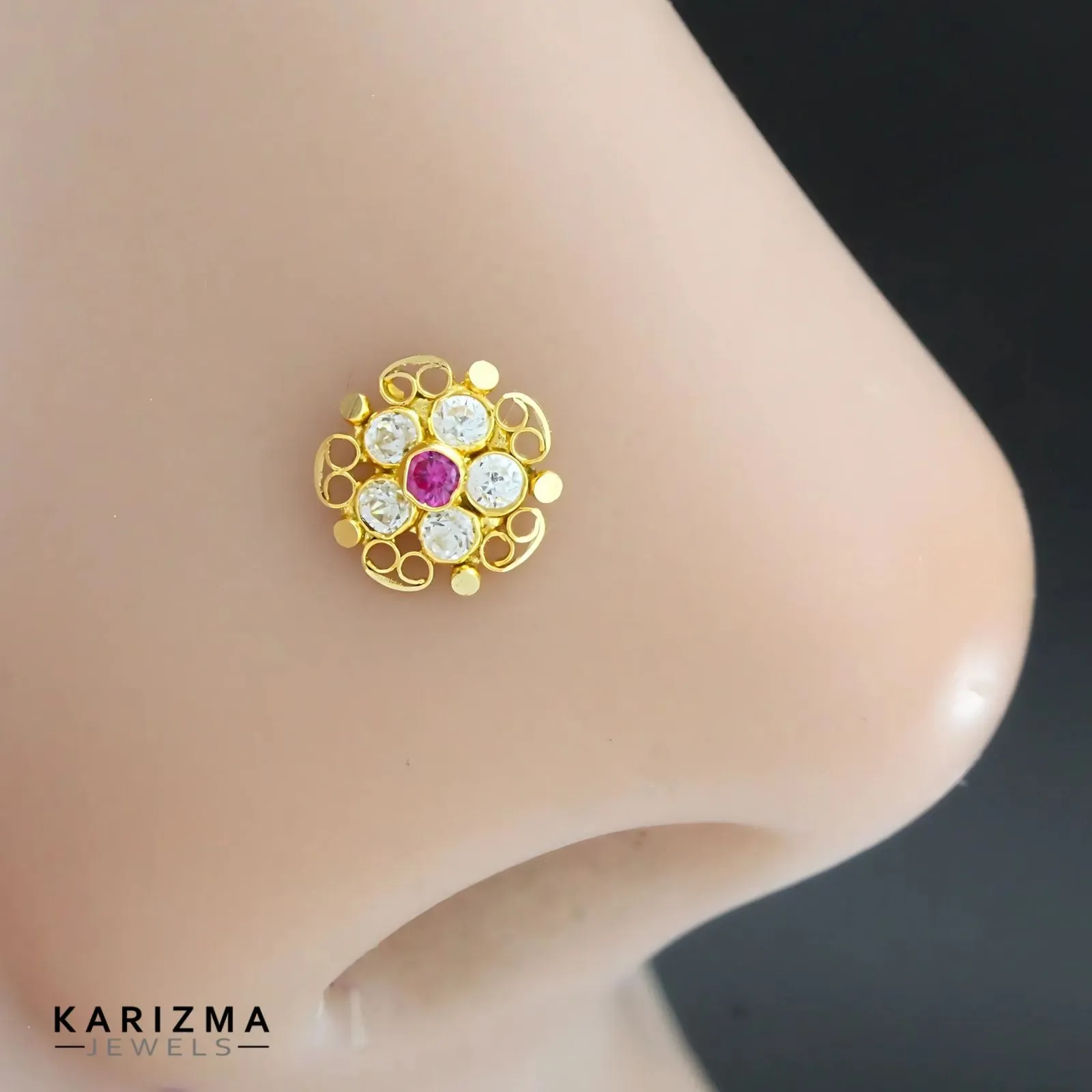 18K Real Gold Indian Women Pink White CZ Excellent Nose stud nose ring Push Pin