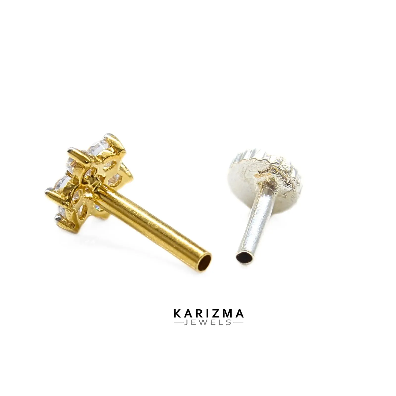 18K Real Gold Indian Women White CZ daily wear Nose stud nose ring Push Pin