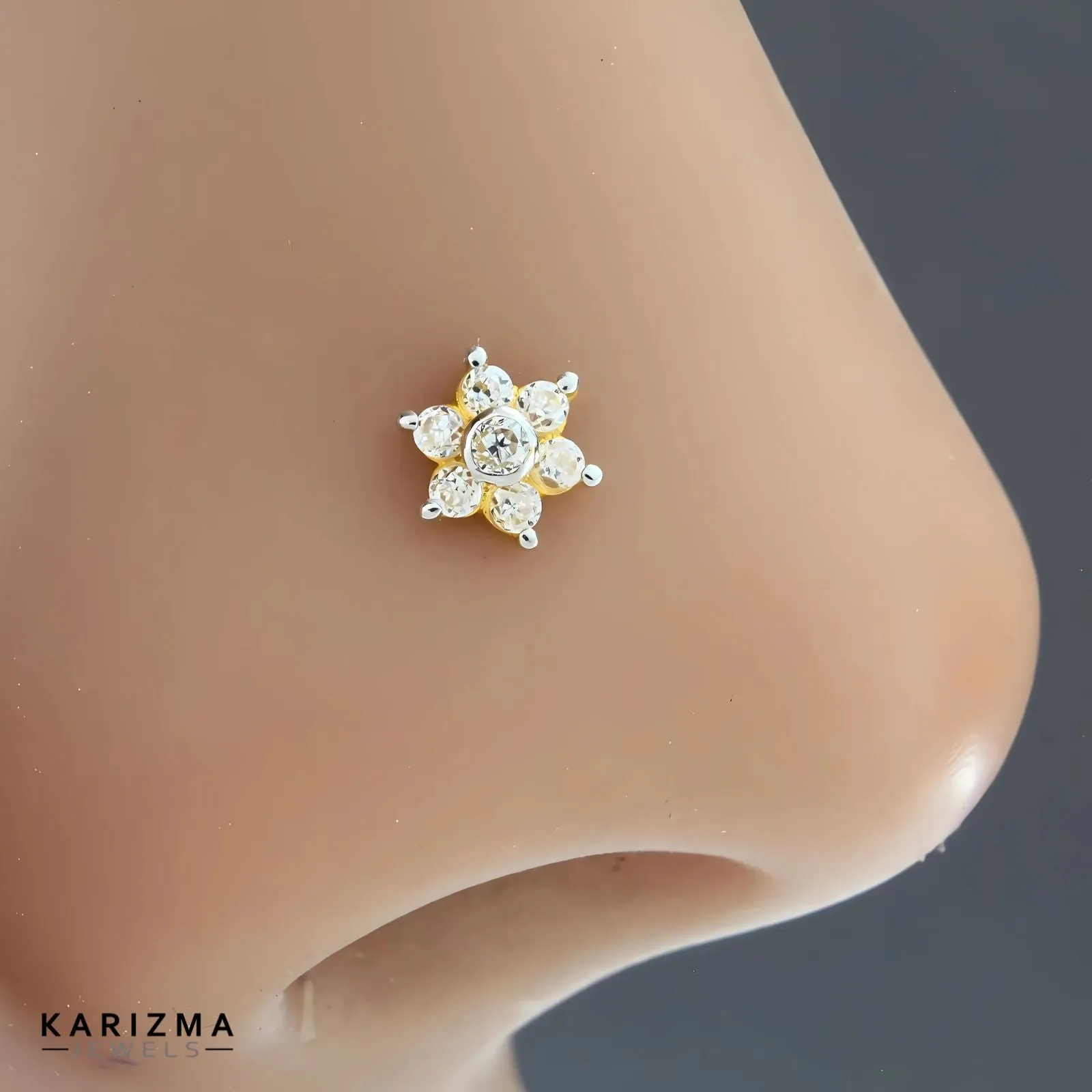 18K Real Gold Indian Women White CZ daily wear Nose stud nose ring Push Pin