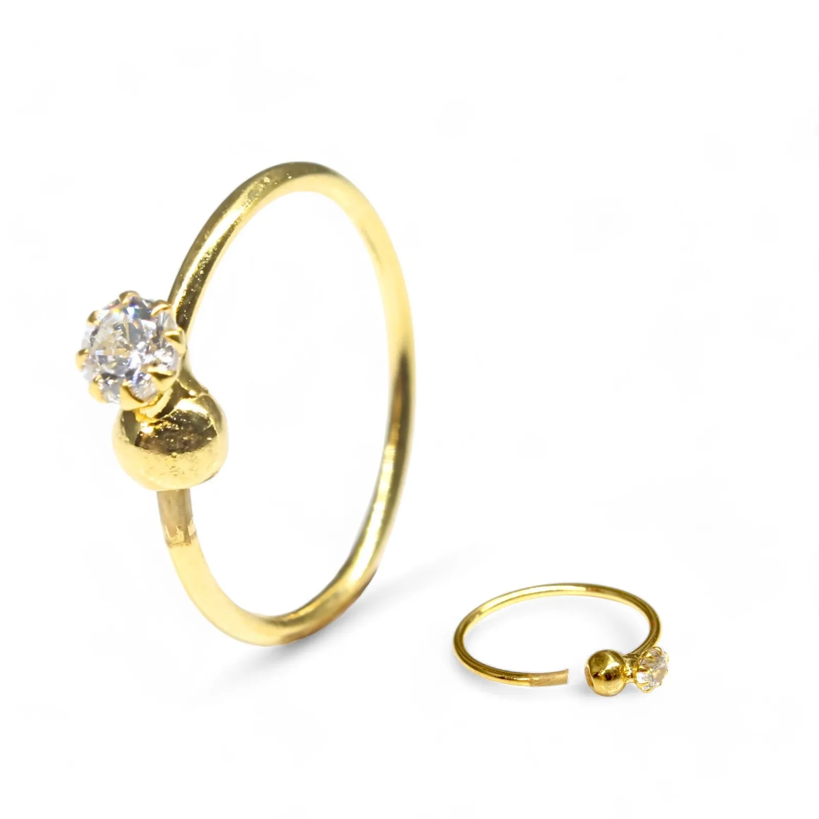 18K Real Gold Nose ring White Single Stone Nose Hoop Ring 22g