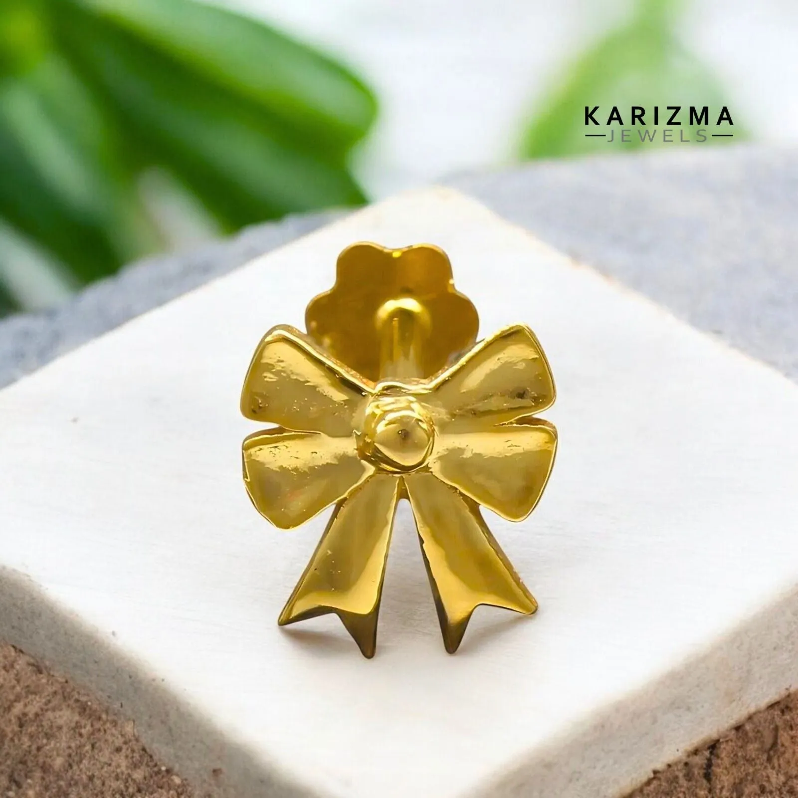 18K Real Solid Gold girlish stylish bow Nose stud cum Earring Gold Screw Back