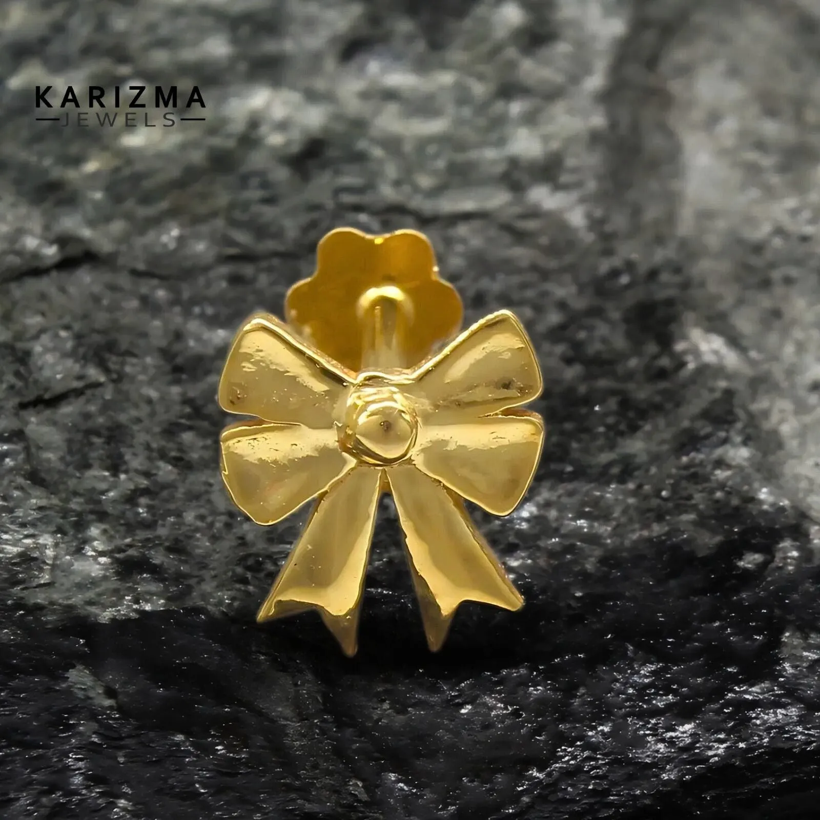18K Real Solid Gold girlish stylish bow Nose stud cum Earring Gold Screw Back