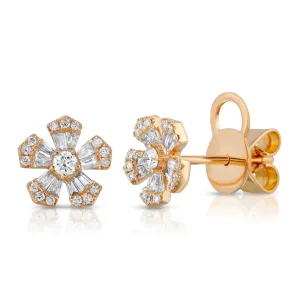 18K Rose Gold Round & Baguette Diamond Flower Stud Earrings ~ 0.55ctw