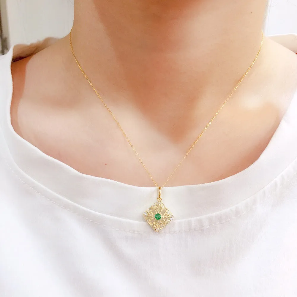 18K Solid Gold Natural Round Emerald Diamond Pendant Necklace Charm Jewelry 18"