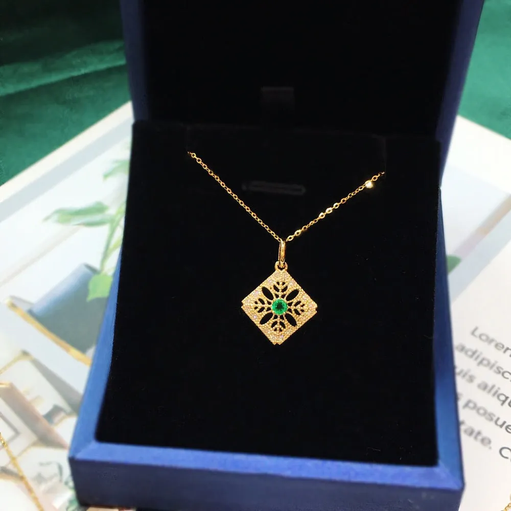 18K Solid Gold Natural Round Emerald Diamond Pendant Necklace Charm Jewelry 18"