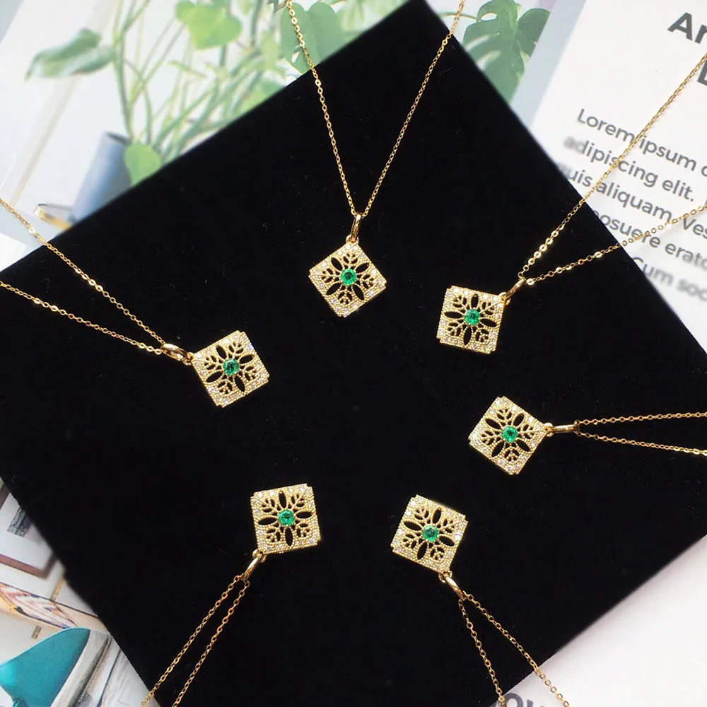 18K Solid Gold Natural Round Emerald Diamond Pendant Necklace Charm Jewelry 18"