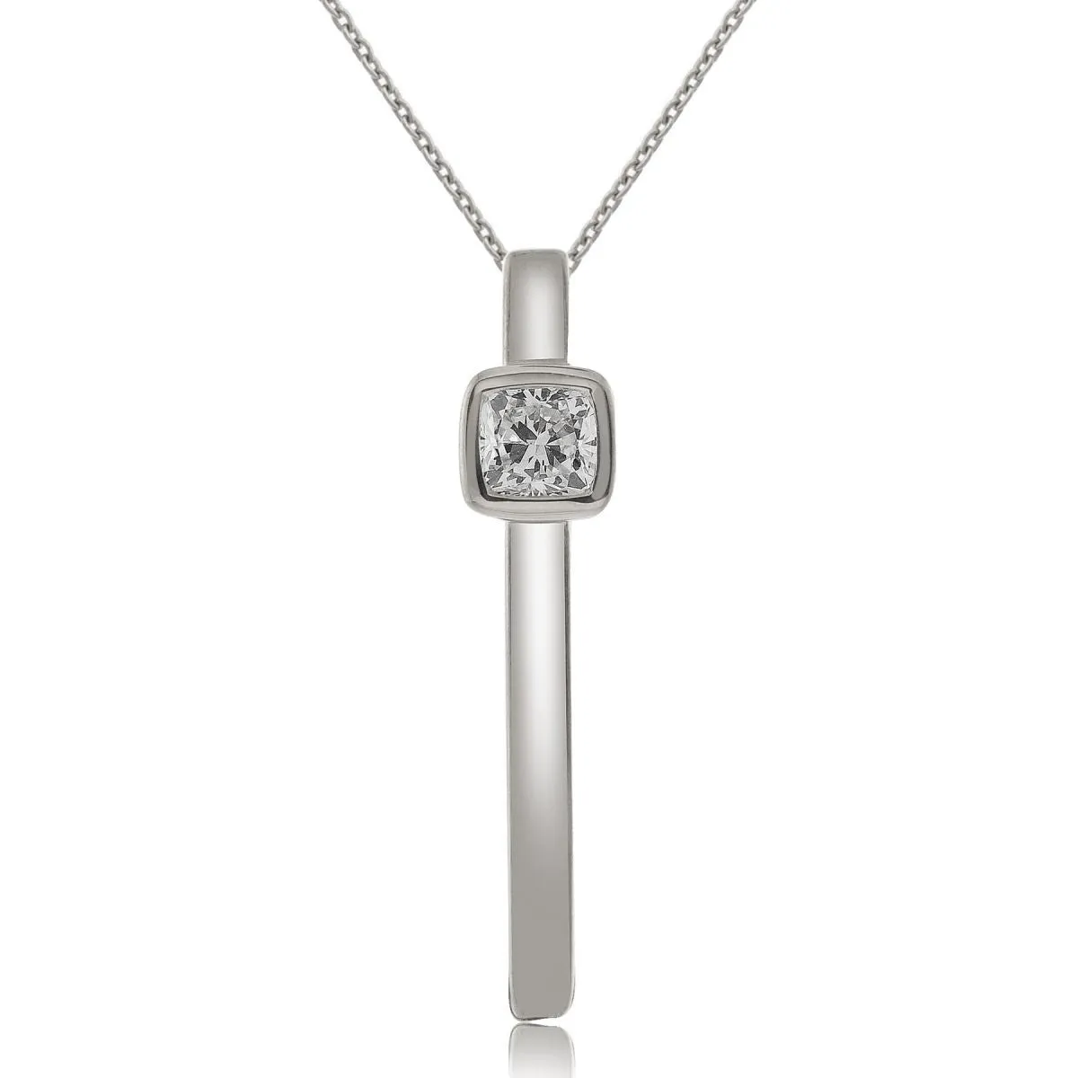 18K White Gold and Cushion Cut Diamond Bar Pendant