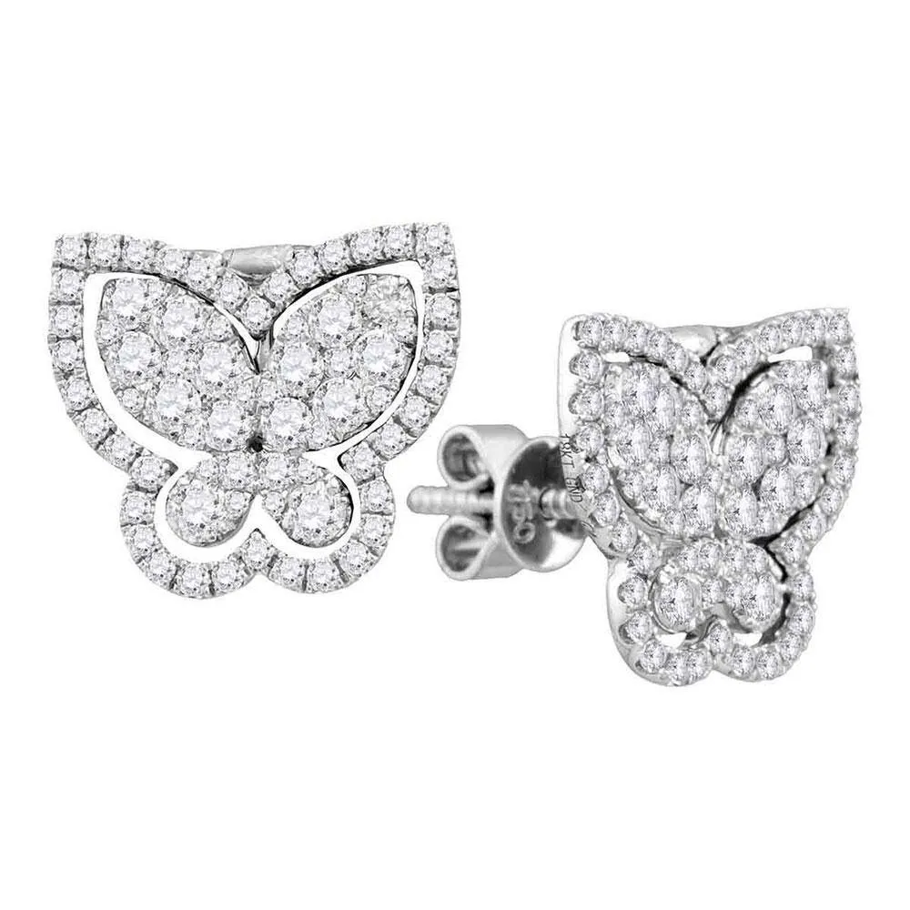 18K White Gold Round Diamond Butterfly Bug Stud Earrings 1-1/4 Cttw