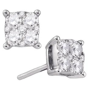 18K White Gold Round Diamond Square Cluster Stud Earrings 3/4 Cttw