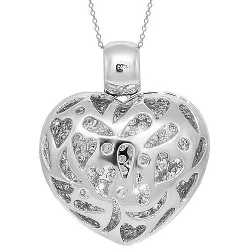 18K White Solid Gold Diamond Heart Locket Pendant 4.60 Ctw
