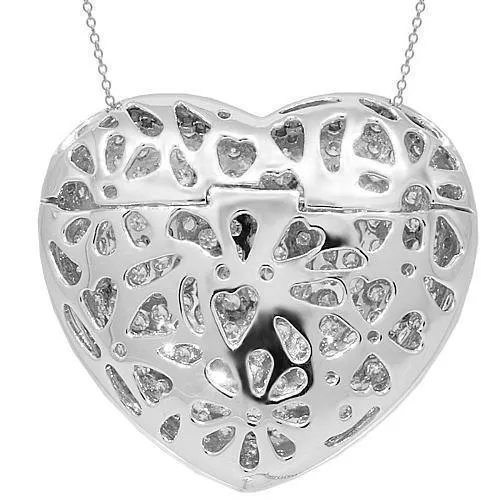 18K White Solid Gold Pave Set Diamond Heart Locket Pendant 5.53 Ctw