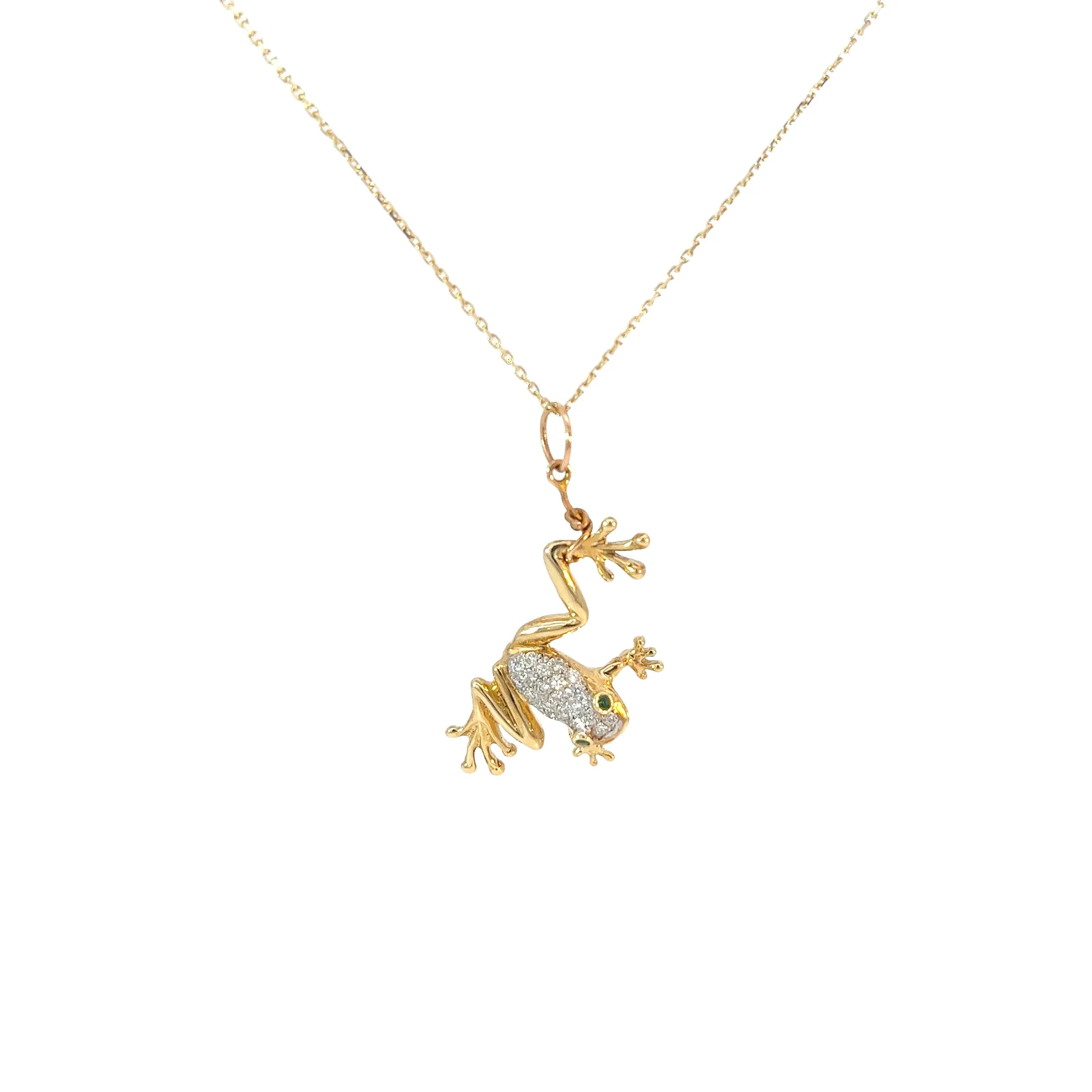 18K Yellow Gold .25ct E VS2 Round Diamond Frog Necklace with Emerald Eyes