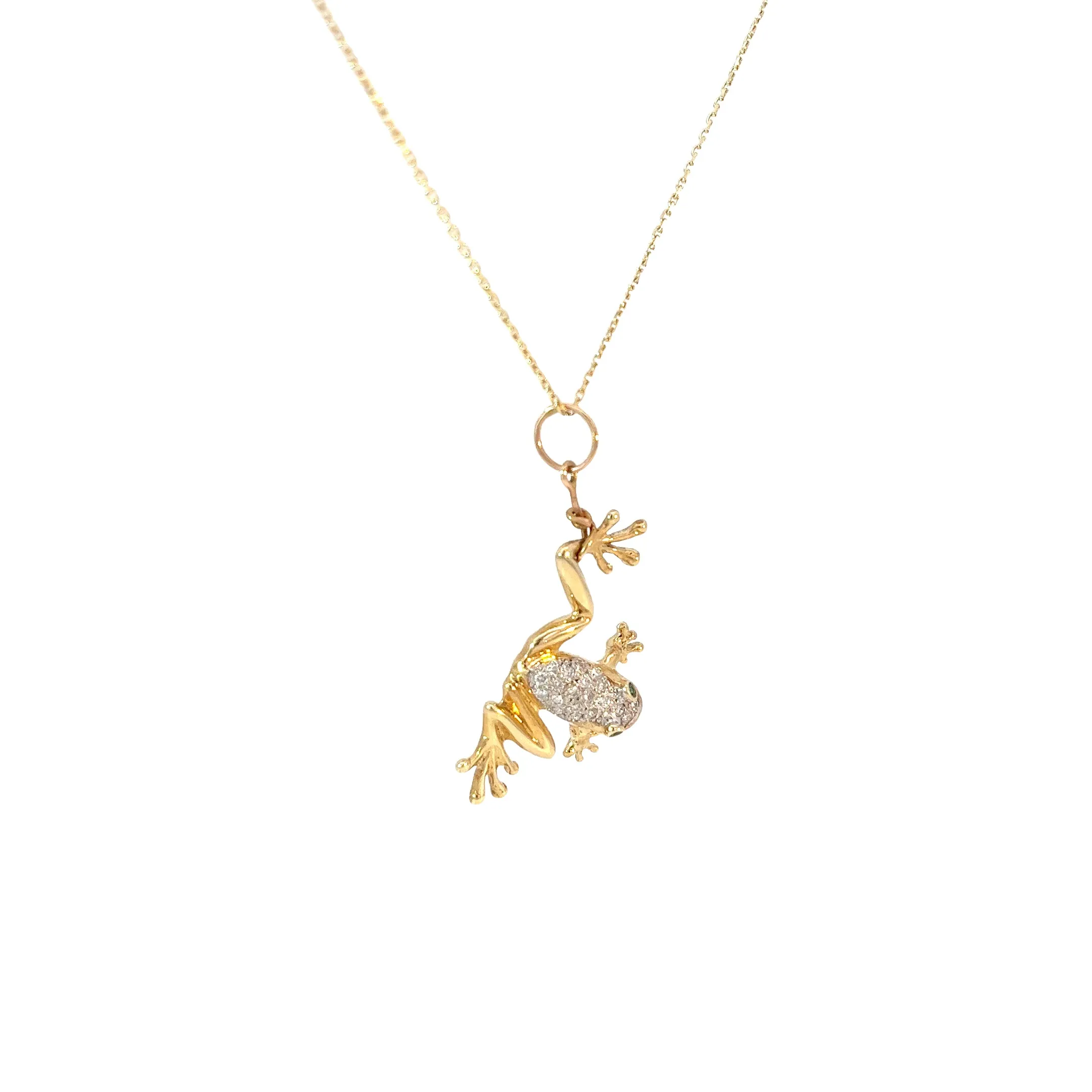 18K Yellow Gold .25ct E VS2 Round Diamond Frog Necklace with Emerald Eyes