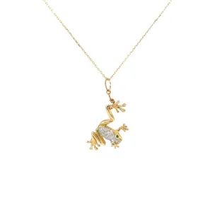 18K Yellow Gold .25ct E VS2 Round Diamond Frog Necklace with Emerald Eyes