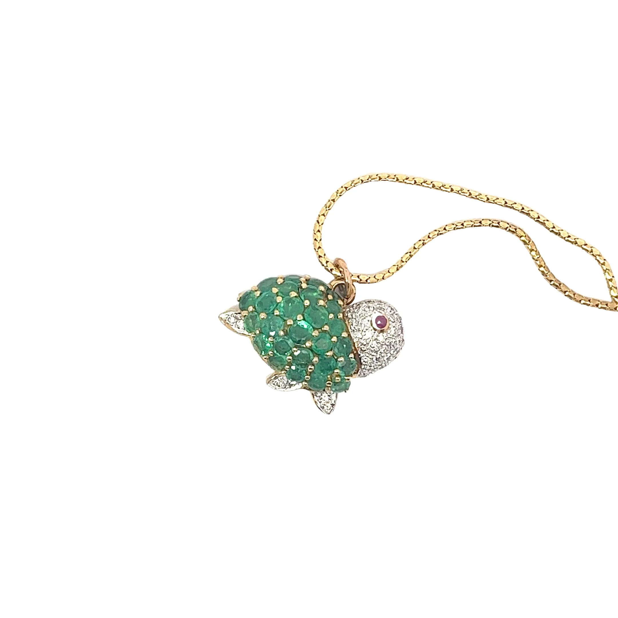 18K Yellow Gold 3.00ct Round Emerald, .30ct F VS2 Round Diamond and One Ruby Turtle Necklace
