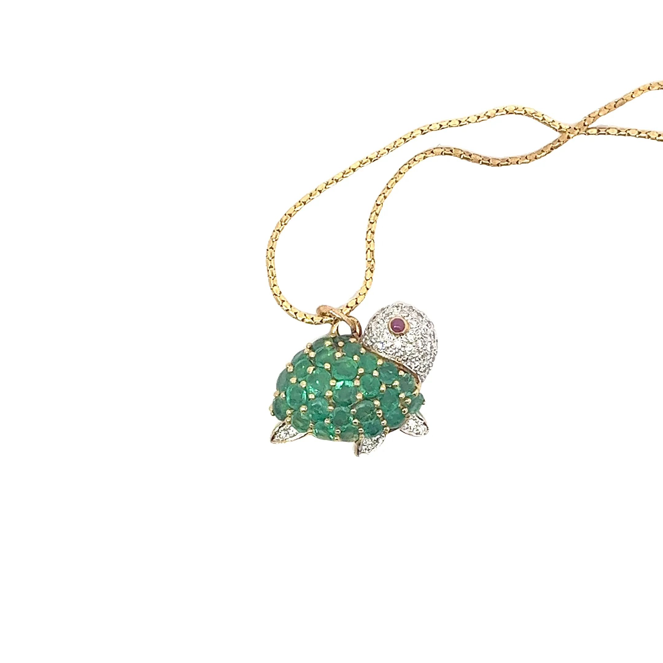 18K Yellow Gold 3.00ct Round Emerald, .30ct F VS2 Round Diamond and One Ruby Turtle Necklace