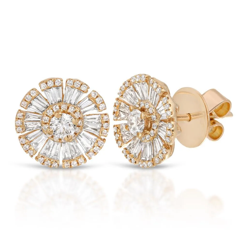 18K Yellow Gold Round & Baguette Diamond Flower Stud Earrings ~ 1.39 ctw