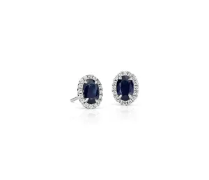 18kt White Gold Oval Sapphire Earrings with Diamond Halo