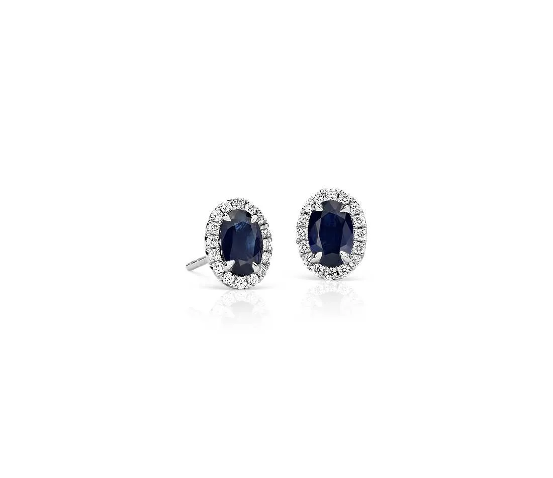 18kt White Gold Oval Sapphire Earrings with Diamond Halo
