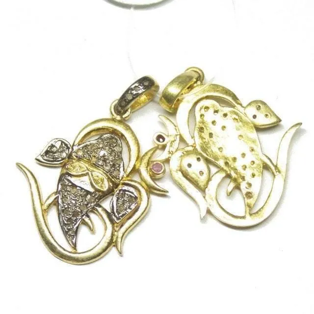 1pc Ganesha Pave Diamond 925 Sterling Silver Gold Vermeil Charm Pendant 33mm x 25mm