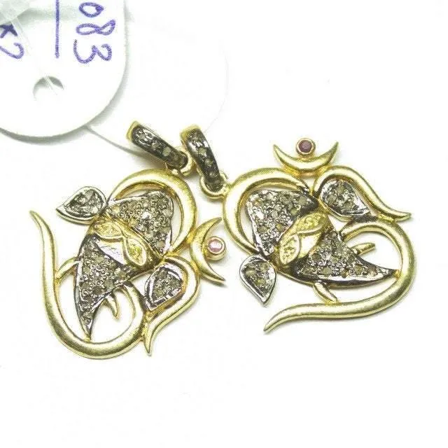 1pc Ganesha Pave Diamond 925 Sterling Silver Gold Vermeil Charm Pendant 33mm x 25mm