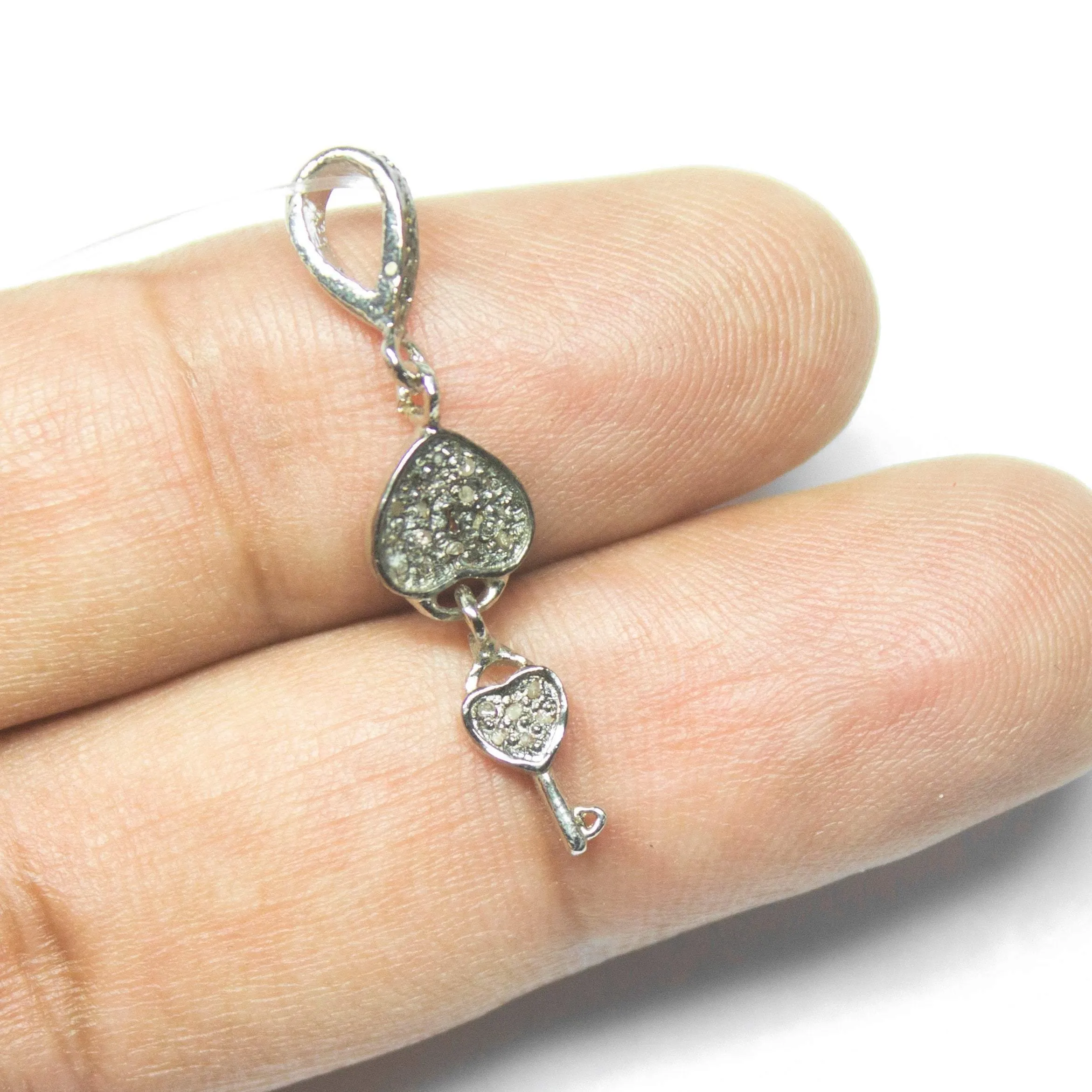 1pc Heart Key and Lock Pave Diamond 925 Sterling Silver Oxidized Charm Pendant 33mm x 8mm