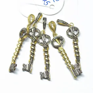 1pc Pave Diamond Designer Key Charm 925 Sterling Silver Gold Vermeil Charm Pendant 47mmx10mm