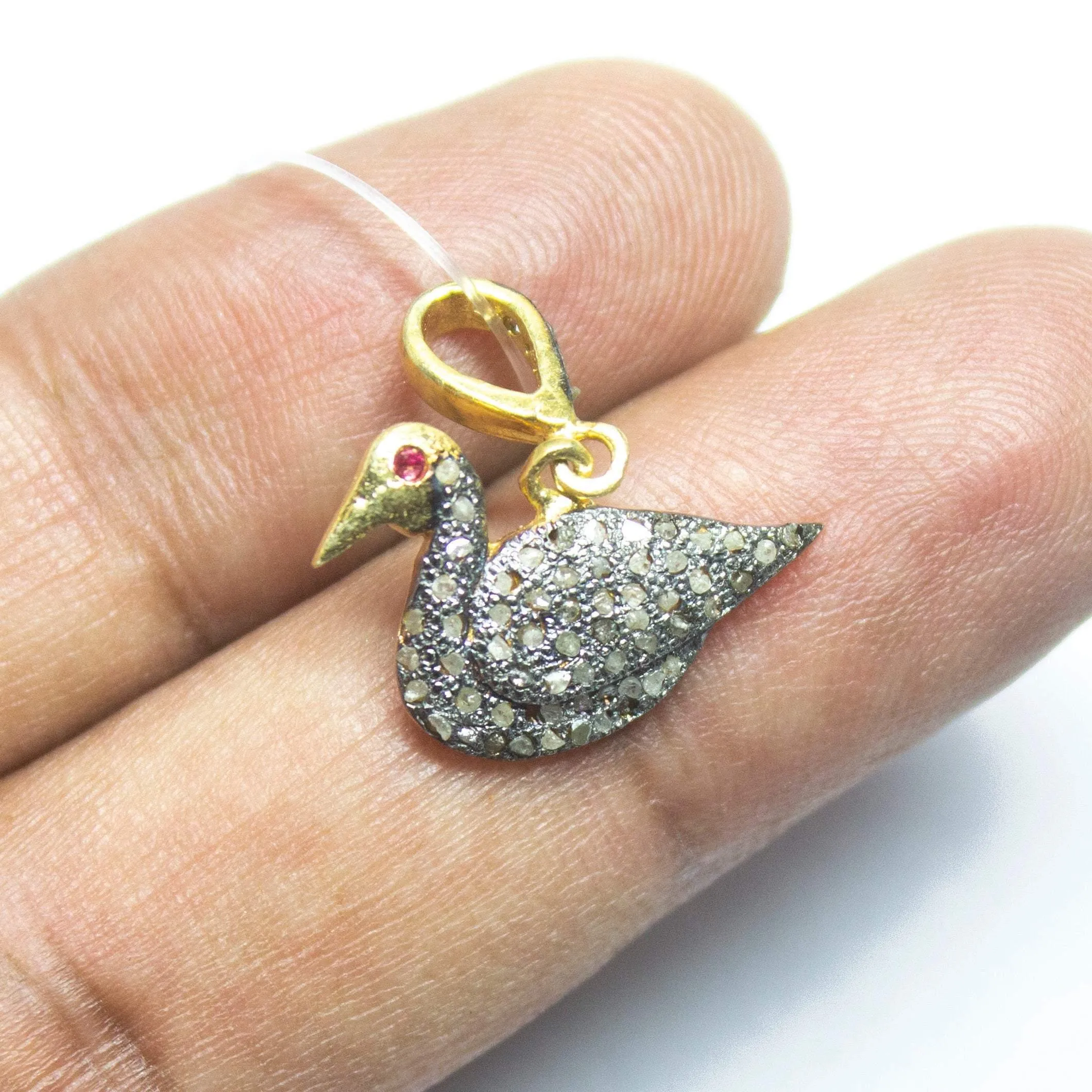 1pc Pave Diamond Duck 925 Sterling Silver Gold Vermeil Charm Pendant 22mmx20mm