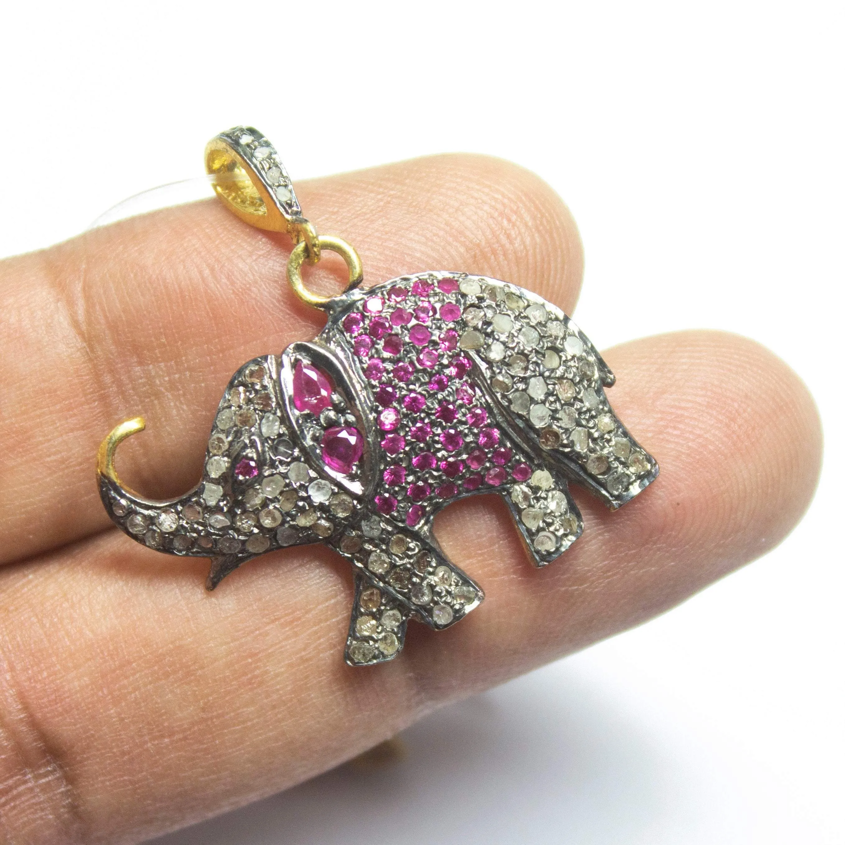 1pc Pave Diamond Elephant Charm 925 Sterling Silver Gold Vermeil Charm Pendant 34mmx31mm