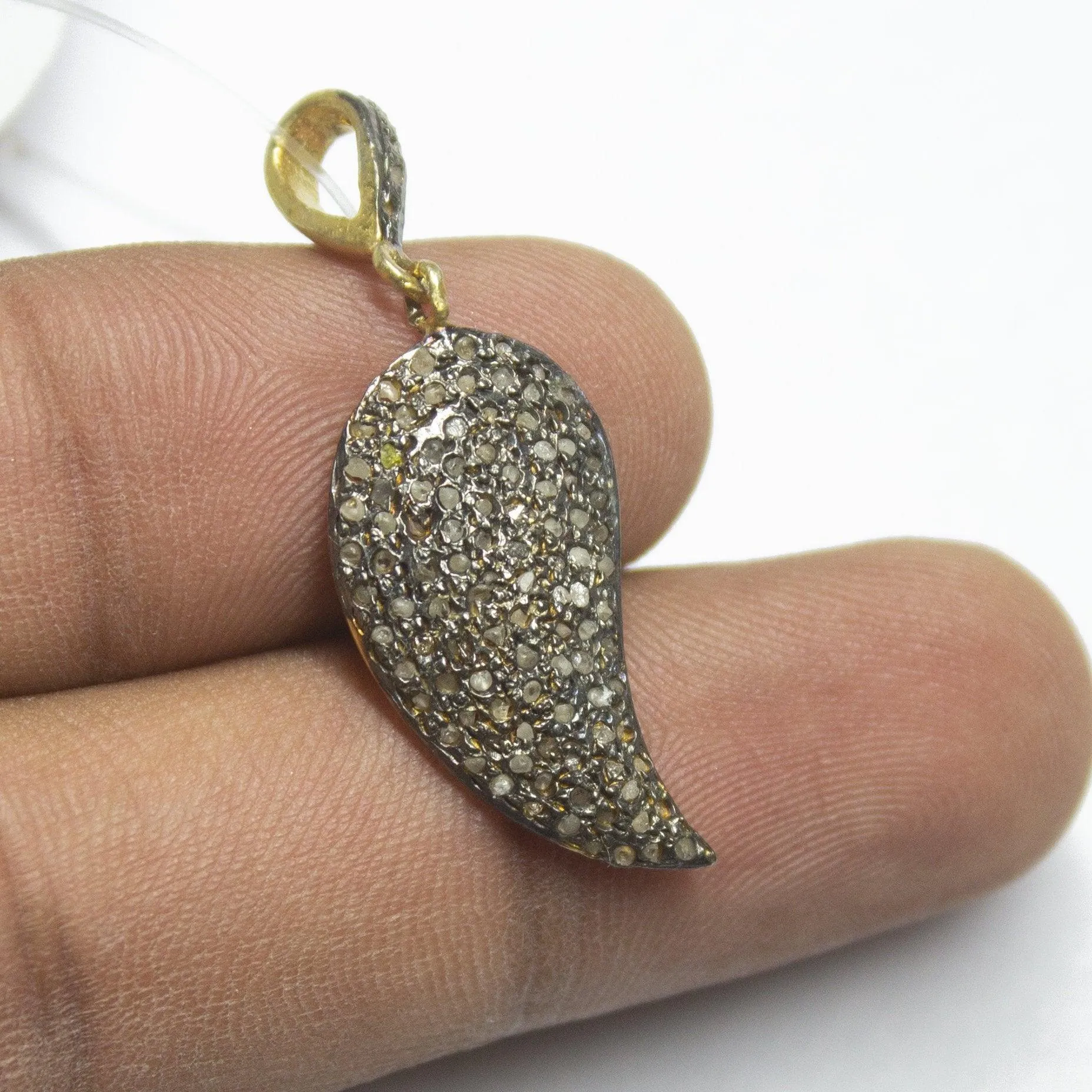 1pc Pave Diamond Leaf 925 Sterling Silver Gold Vermeil Charm Pendant 35mmx12mm