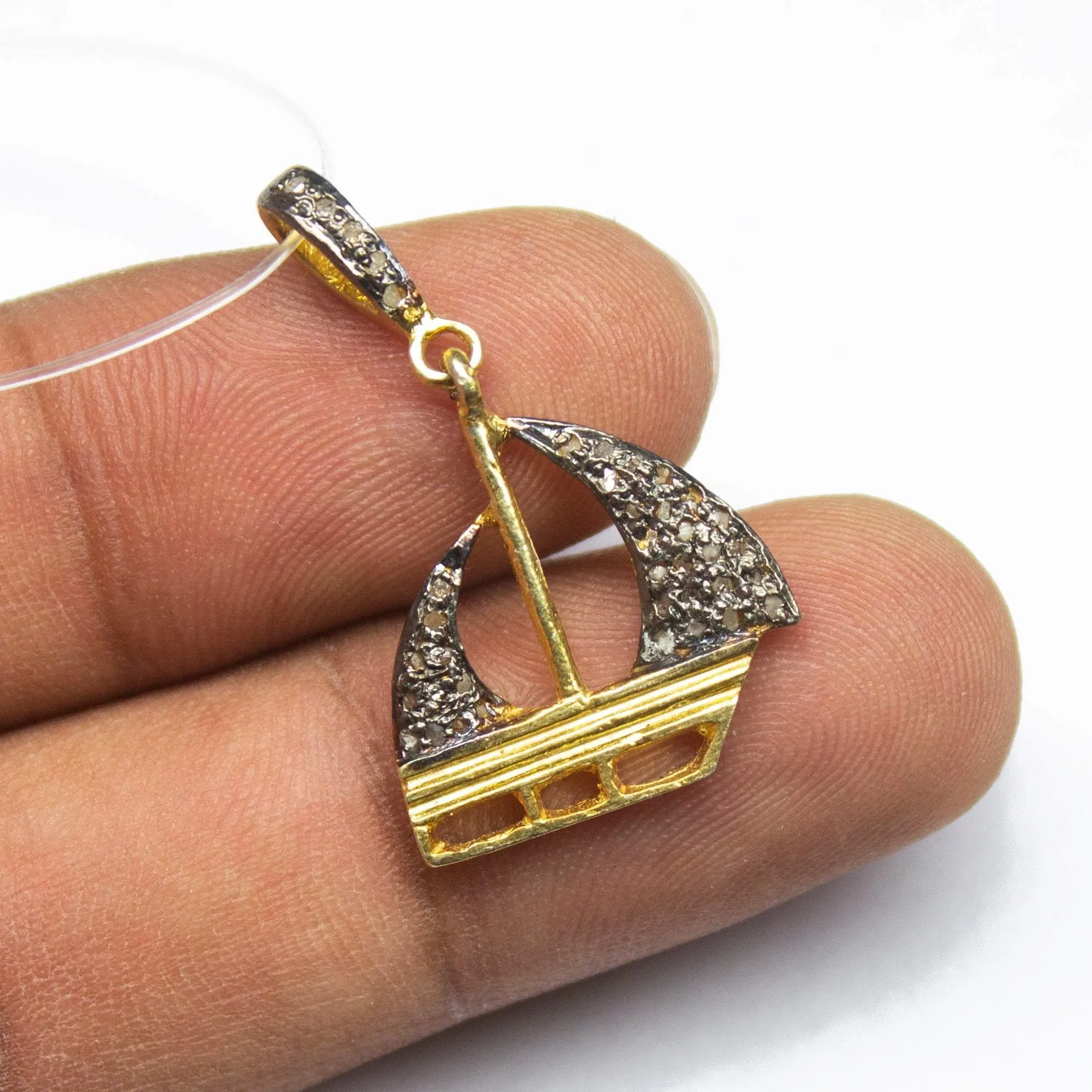 1pc Pave Diamond Sailing Boat Charm 925 Sterling Silver Gold Vermeil Charm Pendant 30mmx17mm