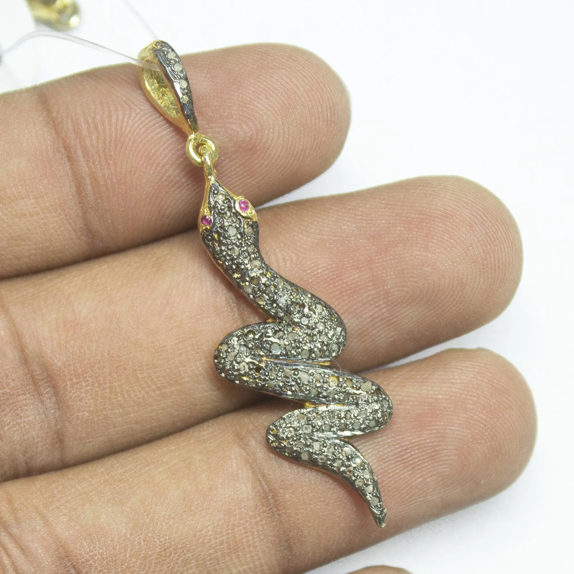 1pc Pave Diamond Snake 925 Sterling Silver Gold Vermeil Charm Pendant 48mmx12mm