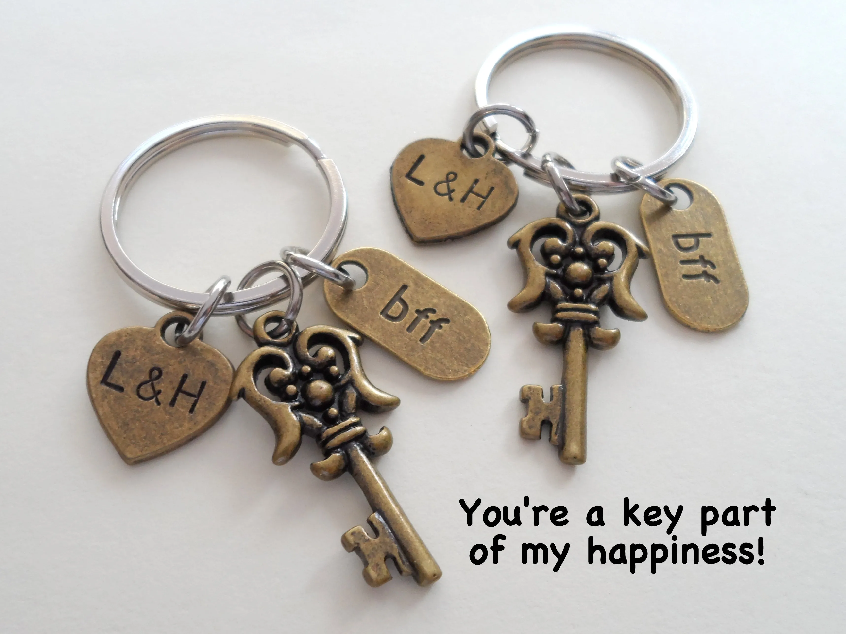 2 Bronze BFF Key Charm Keychains - You're a Key Part of My Happiness