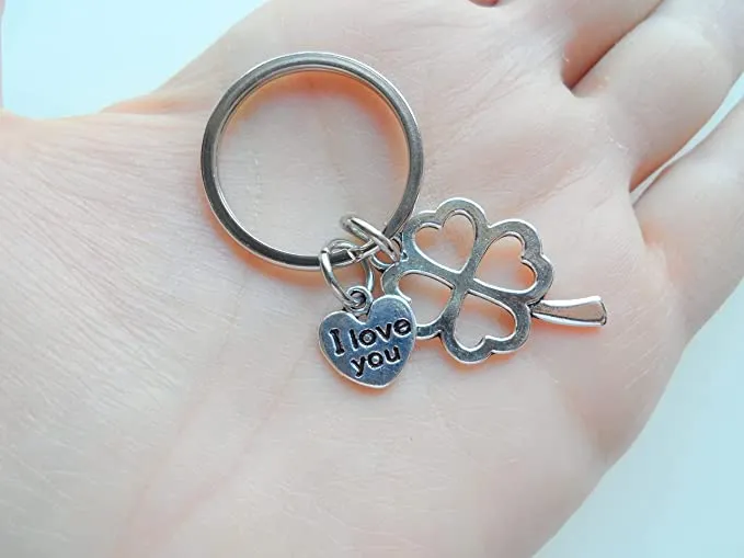 2 Keychains, Each with "I Love You" Heart Charm & Four Leaf Clover Charm - Lucky to Have You, Couples Keychains