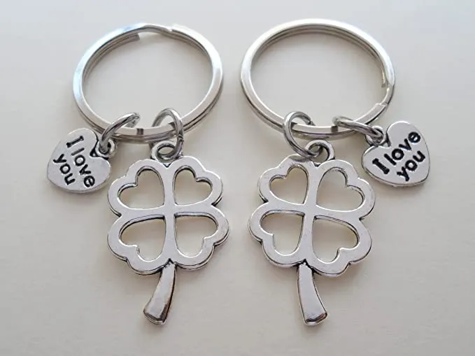 2 Keychains, Each with "I Love You" Heart Charm & Four Leaf Clover Charm - Lucky to Have You, Couples Keychains