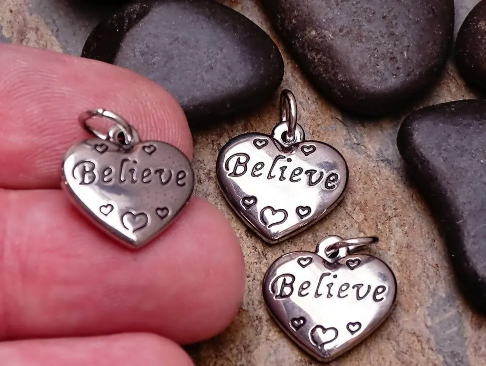 2 pc Believe charm, heart charms. stainless steel charm ,very high quality.Perfect for jewery making and other DIY projects