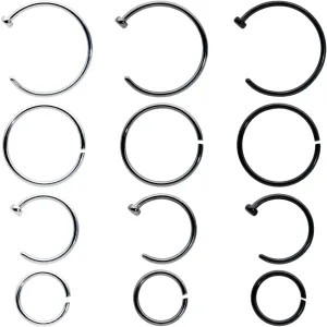 20 Gauge 12 Pack ASTM F-136 Implant Grade Titanium Hoop Nose Ring Septum Cartilage Ear Hoop Earring Set