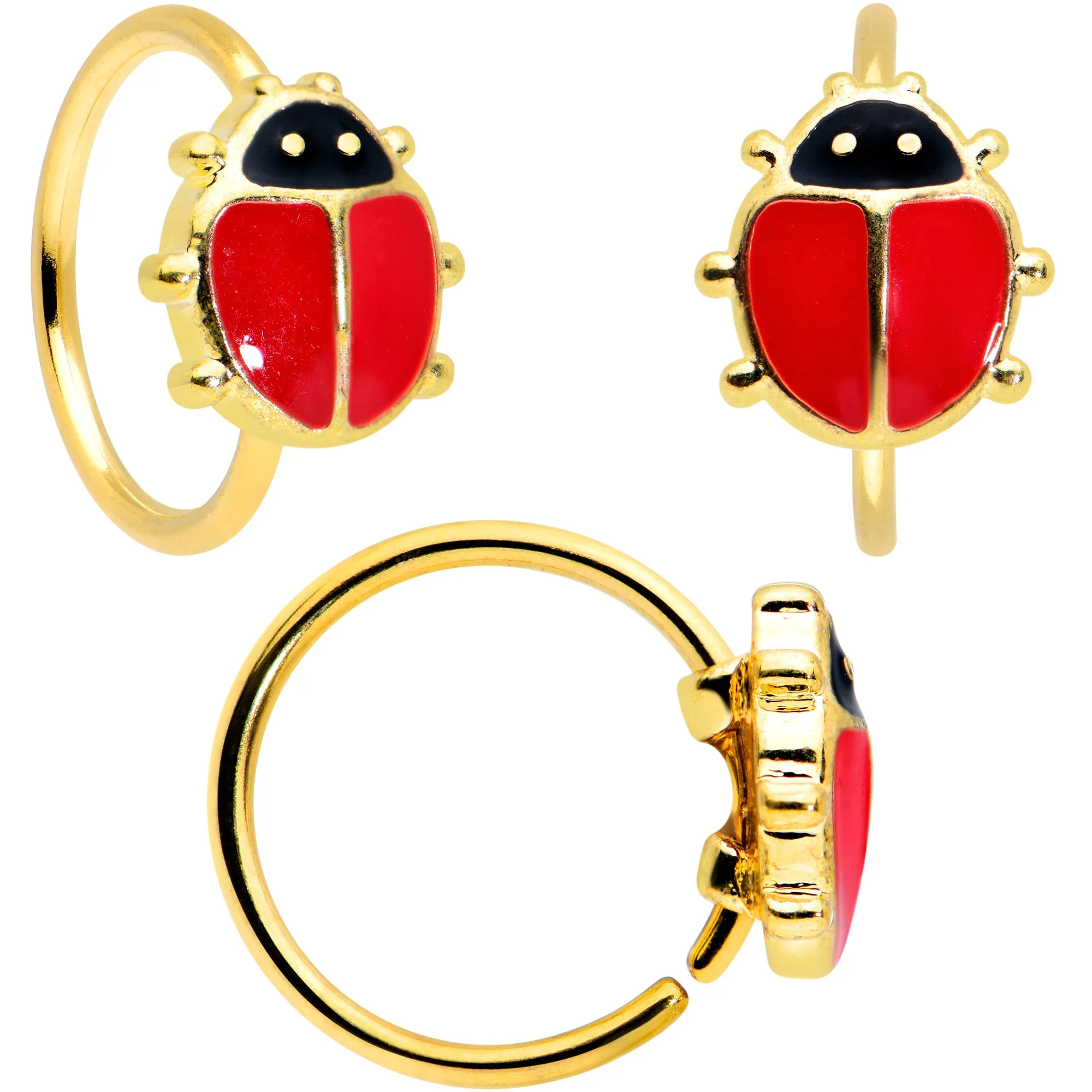 20 Gauge 1/4 5/16 Gold Tone Flower Ladybug Nose Hoop Bone Set of 3