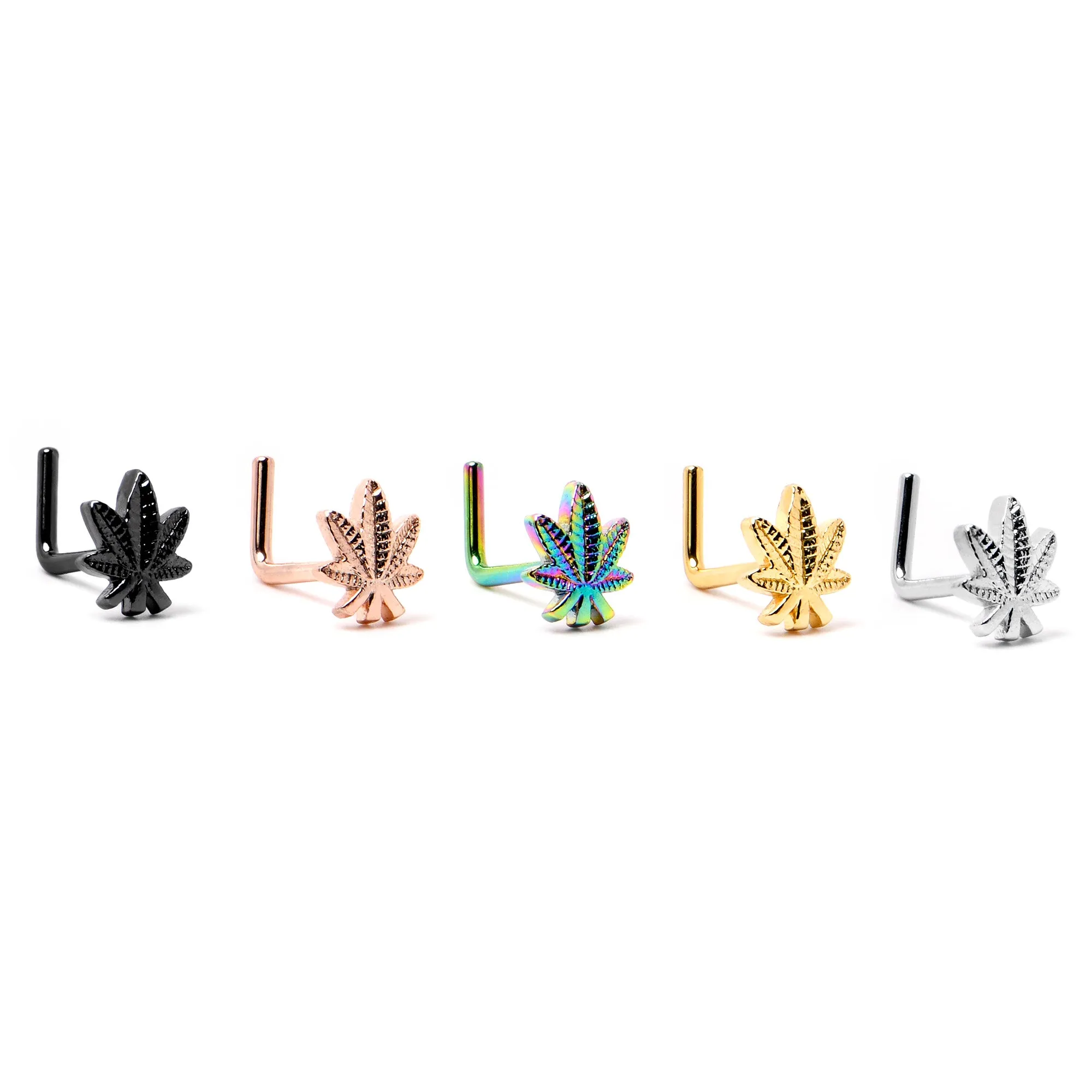 20 Gauge 1/4 Black Texture Pot Leaf L Shape Nose Ring