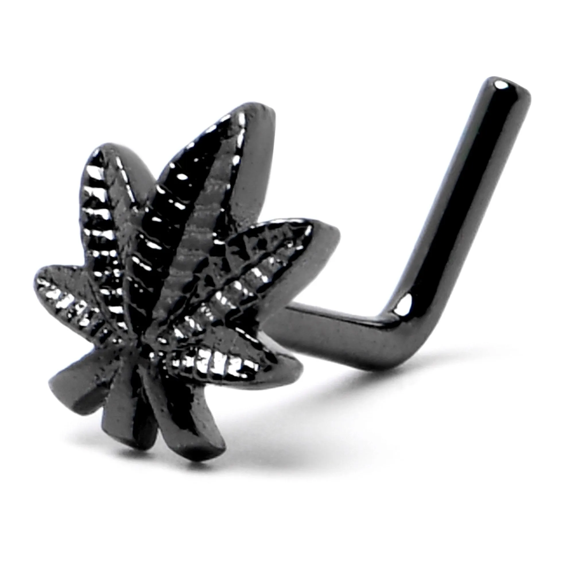 20 Gauge 1/4 Black Texture Pot Leaf L Shape Nose Ring