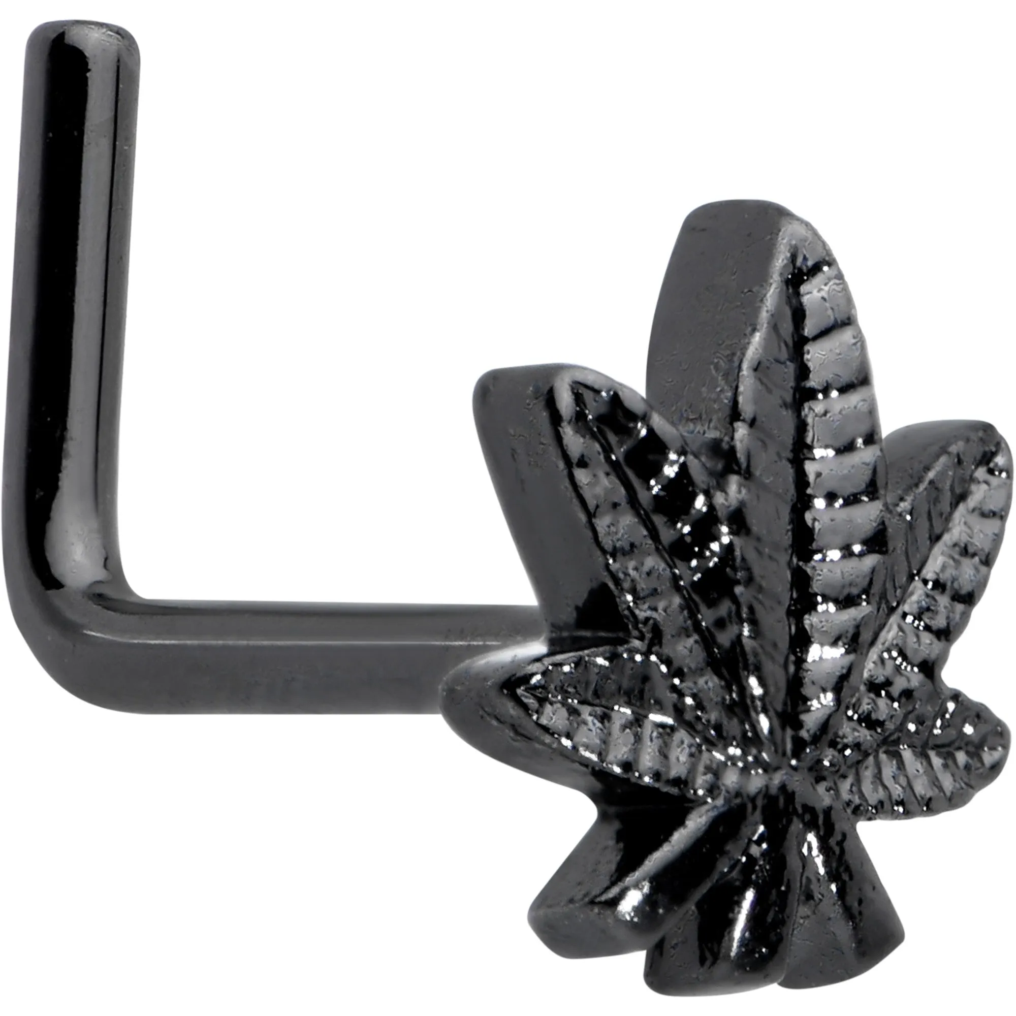20 Gauge 1/4 Black Texture Pot Leaf L Shape Nose Ring
