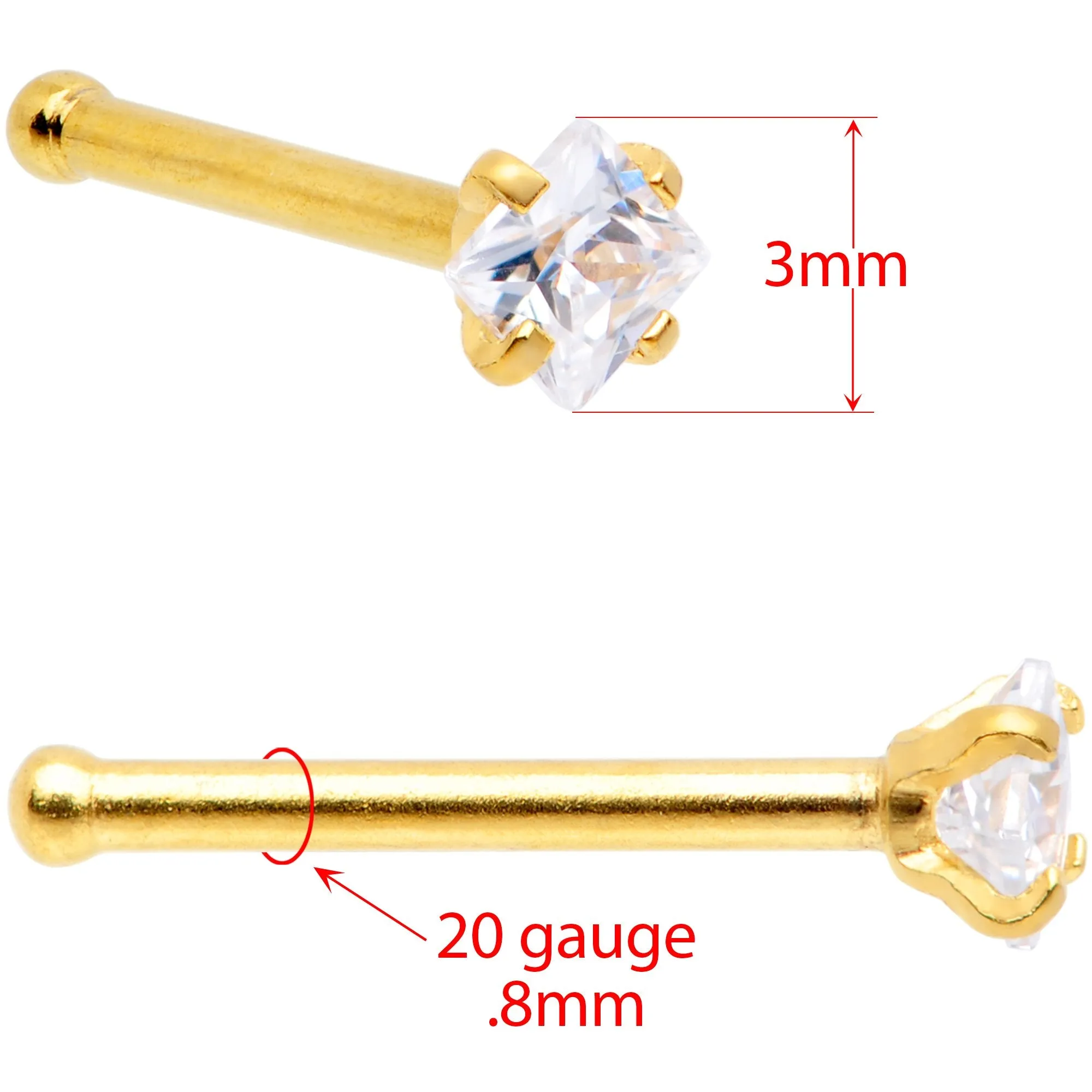 20 Gauge 1/4 Clear Square Gem Gold Tone Nose Bone Set of 6