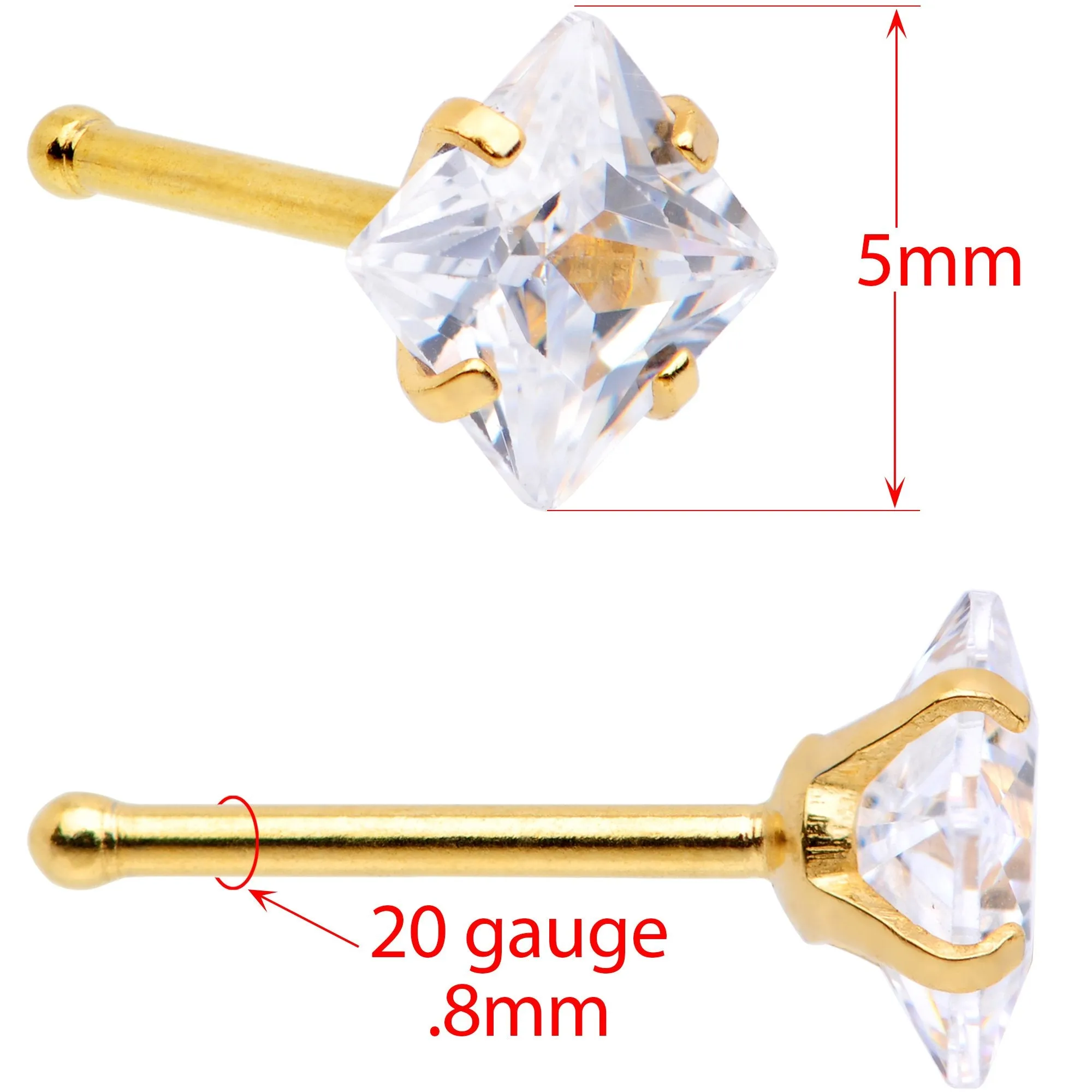 20 Gauge 1/4 Clear Square Gem Gold Tone Nose Bone Set of 6