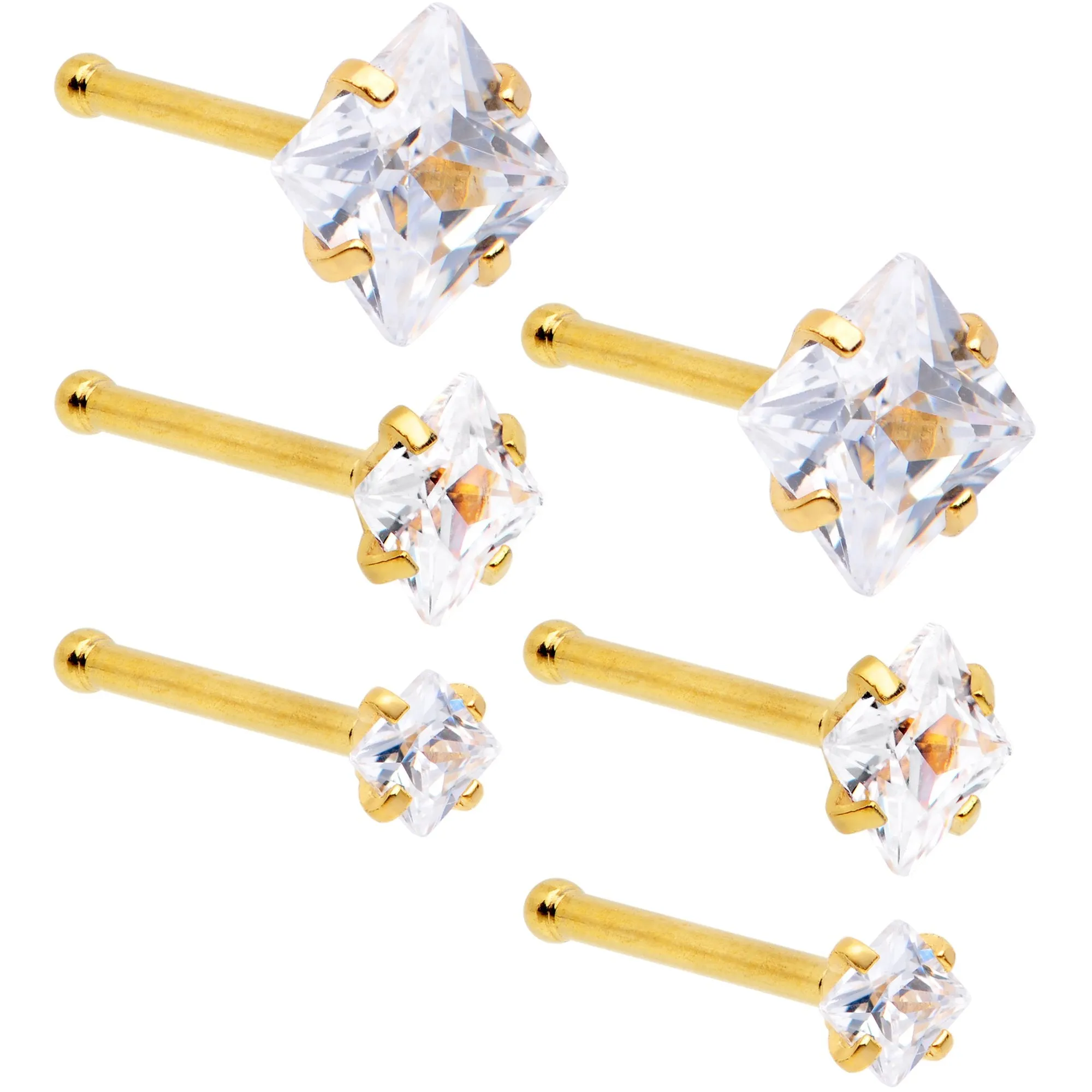 20 Gauge 1/4 Clear Square Gem Gold Tone Nose Bone Set of 6