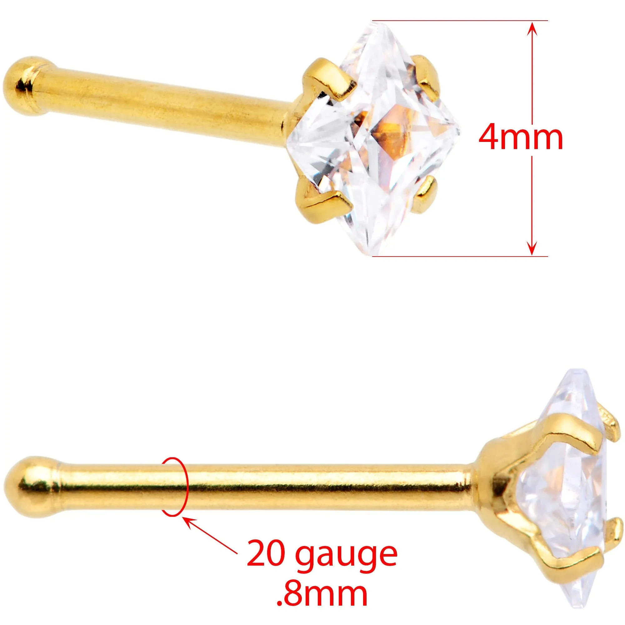20 Gauge 1/4 Clear Square Gem Gold Tone Nose Bone Set of 6