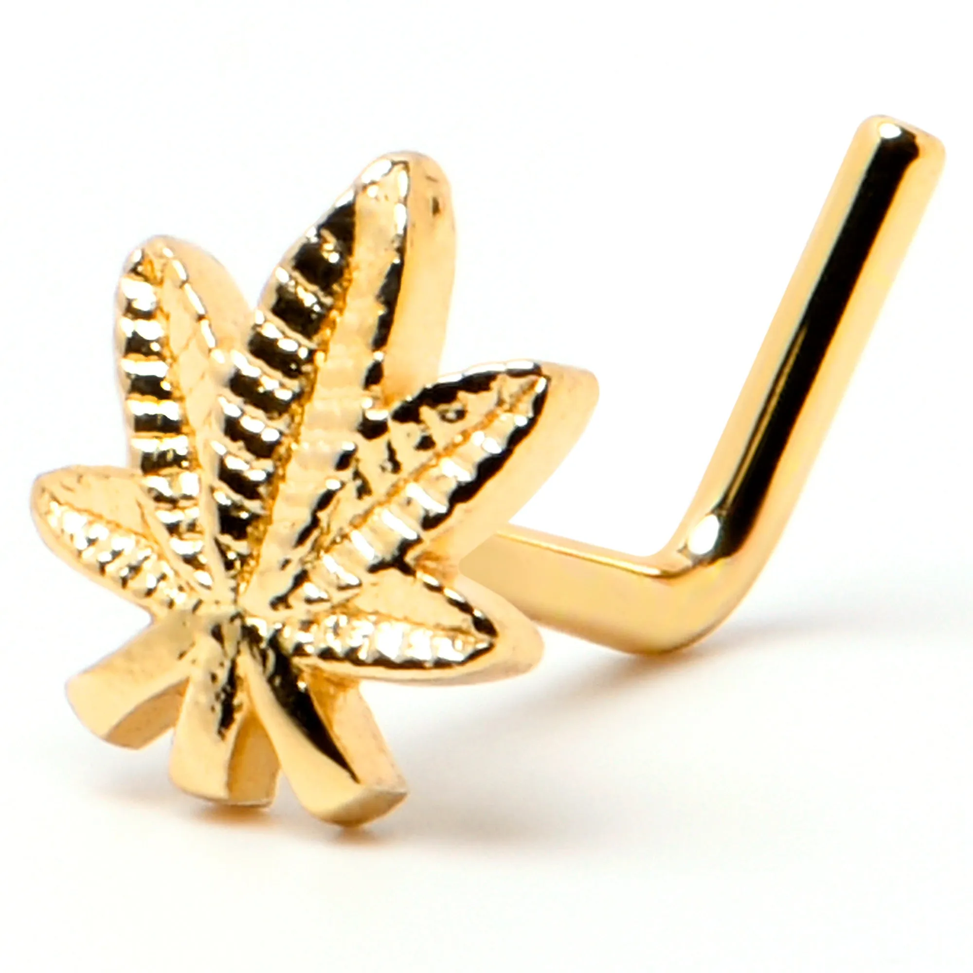 20 Gauge 1/4 Gold Tone Texture Pot Leaf L Shape Nose Ring