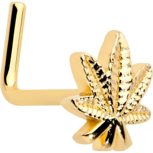 20 Gauge 1/4 Gold Tone Texture Pot Leaf L Shape Nose Ring