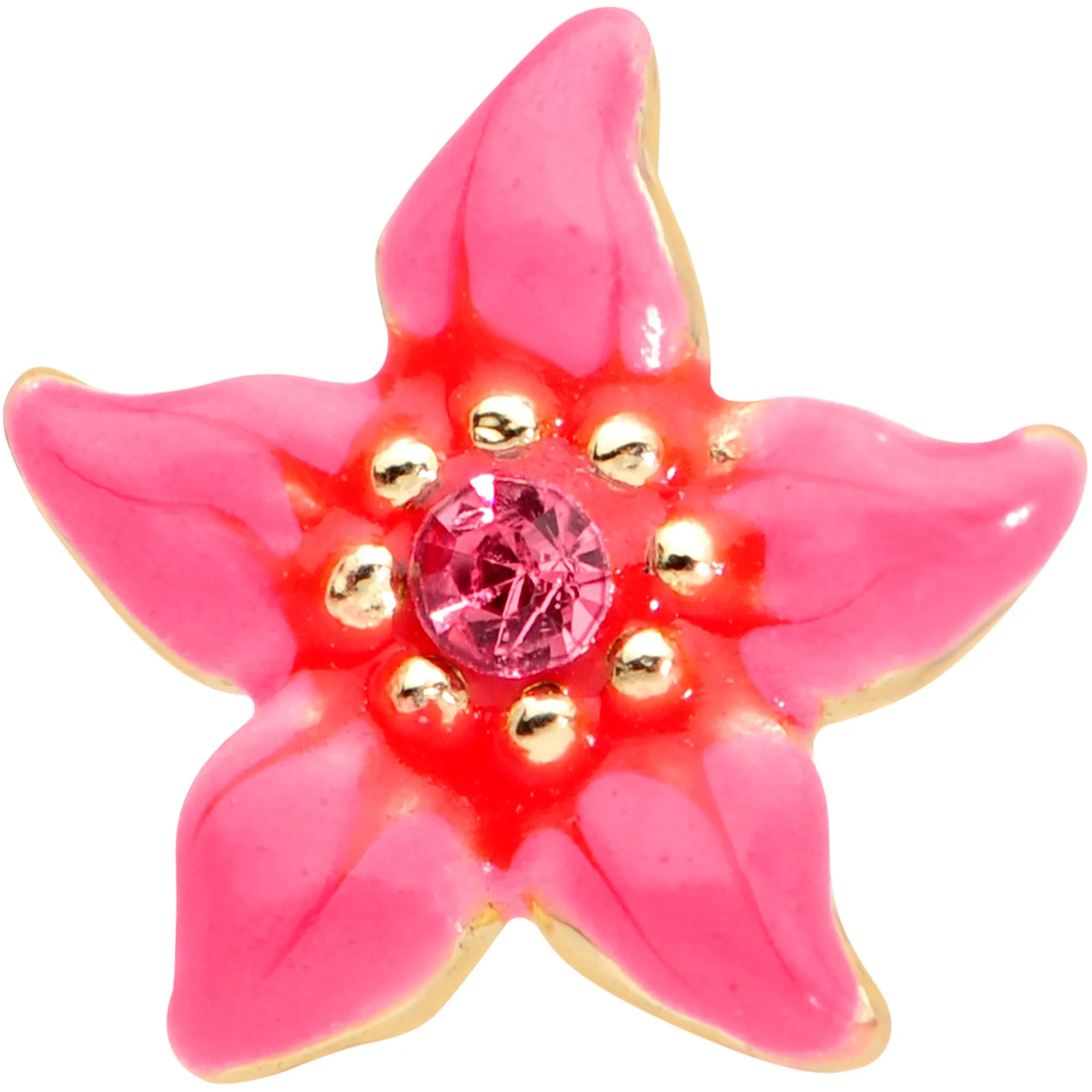 20 Gauge 1/4 Pink Gem Gold Tone Exotic Flower Nose Bone