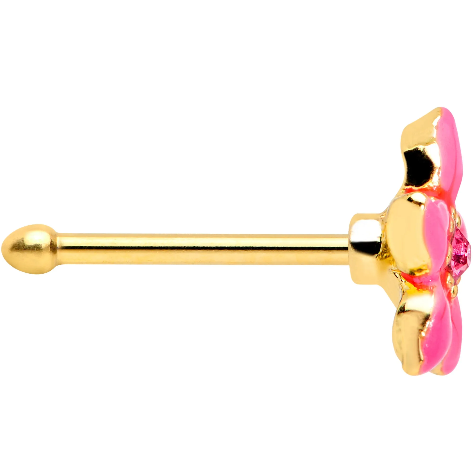 20 Gauge 1/4 Pink Gem Gold Tone Exotic Flower Nose Bone