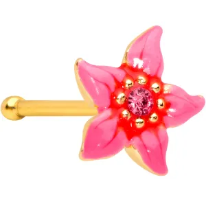 20 Gauge 1/4 Pink Gem Gold Tone Exotic Flower Nose Bone